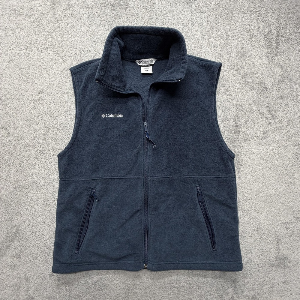 Columbia Fleece Vest Mens Medium Navy Blue Full Zip Pockets Outdoor WM1480